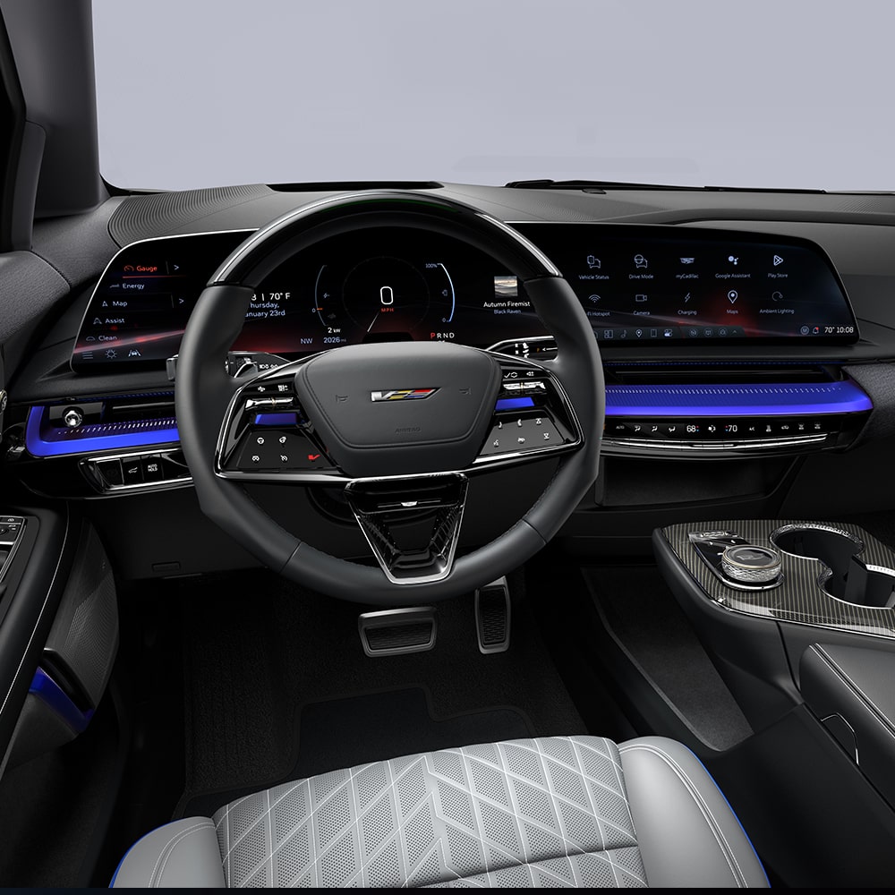 Cadillac OPTIQ-V con detalle en Azul Santorini en el centro del tablero.